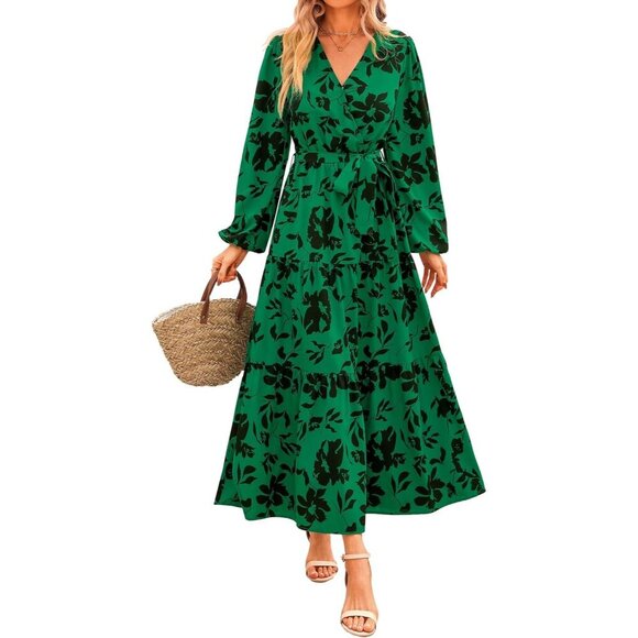 PrettyGarden Dresses & Skirts - PrettyGarden Womens Green Polyester V Neck Long Sleeve Ruffle Floral Maxi Dress